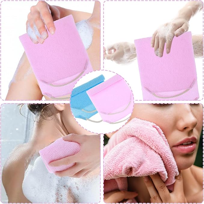 2 Pcs Back Scrubber for Shower, Back Washer with Handles for Men & Women, Double-Side Use Exfoliate Washcloth Bath Tool to Scrub Your Body (Pink and Blue)