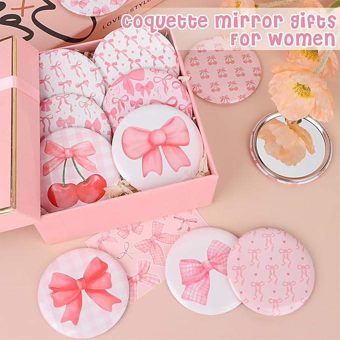 24 Pcs Coquette Pink Bow Compact Mirror Bulk Women Portable Round Mini Pocket Mirrors 12 Styles Pink Bow Aesthetic Makeup Mirror for Bridal Shower Grad Party Favors Birthday Gifts