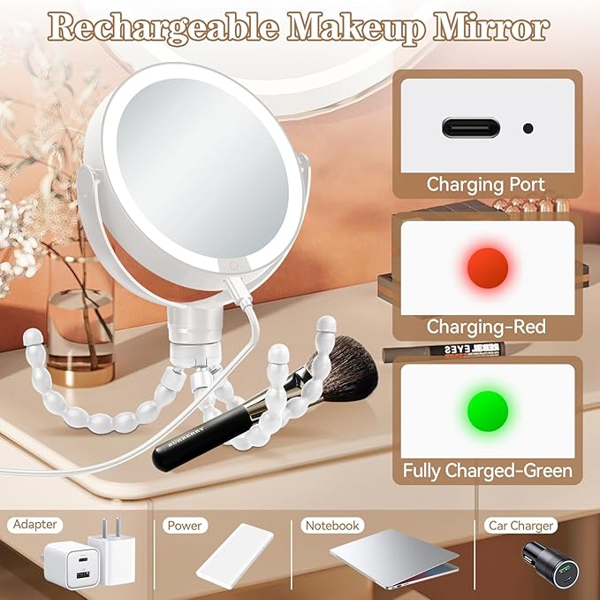 Makeup Mirror with Lights, 1x/10x Magnifying Mirror with Light & 3 Colors - Adjustable Brightness, 360° Rotating Portable Travel Makeup Mirror, Hanging/Handheld/Desktop Design,Vanity Mirrors for Women