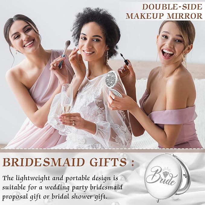 Barydat 10 Pieces Bridesmaid Gifts Set Magnifying Compact Mirror Bride I Do Crew Bridesmaid Proposal Gifts Travel Small Mirror for Purse Makeup Pocket Mirror for Women Wedding Party (Silver)