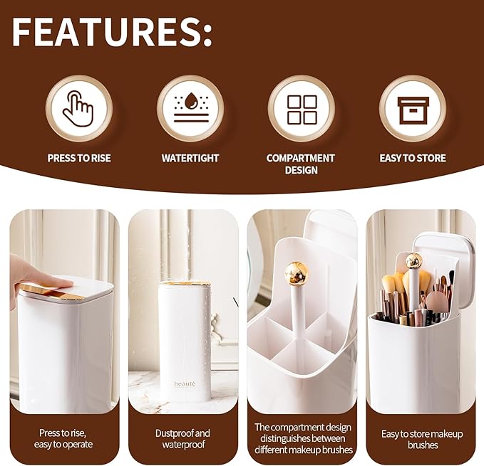 Makeup Brush Holder with Lid Cosmetic Tools Organizer（White