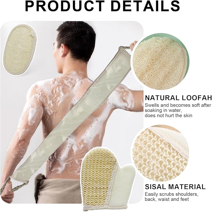 Premium Loofah Bath Set - Exfoliating Back Scrubber with Handle, Shower Gloves & Loofah Pads for Men & Women, Perfect Body Scrubber & Skin Cleanser