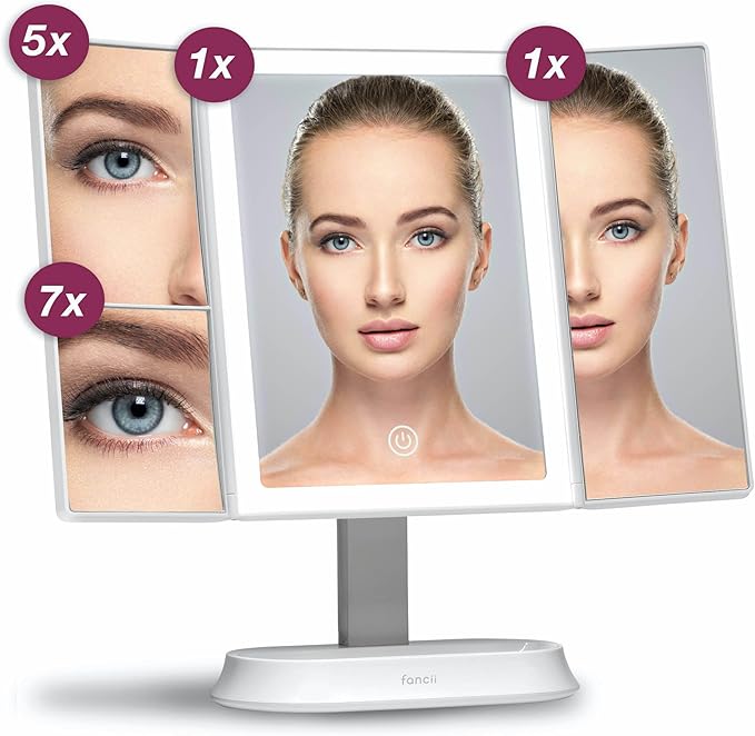 Fancii LED Lighted Makeup Mirror with 3 Color Temp, Rechargeable Trifold Vanity Mirror with 5X / 7X Magnifications - Dimmable Lights, Ultra Reflective Glass, Touch Sensor, Cosmetic Stand (Zora)