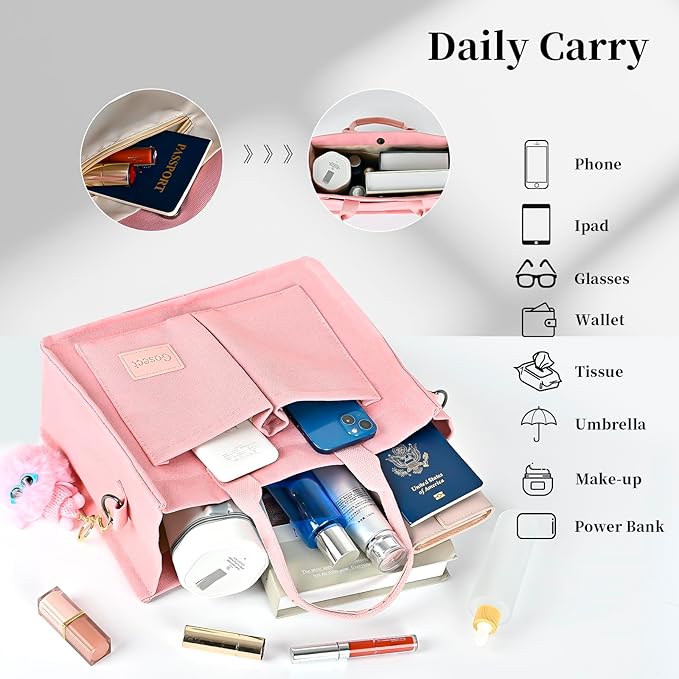 Canvas Tote Bag for Women With Pockets, Laptop Work Crossbody Purses Everything Shoulder Tote Bag Everyday Satchel Handbags