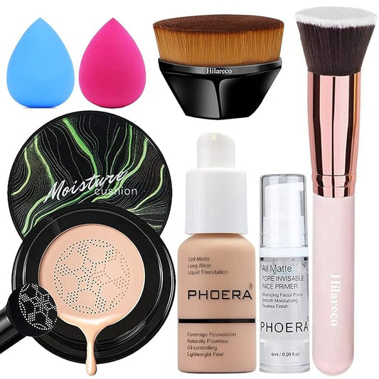 PHOERA Foundation,Mushroom Head Air Cushion CC Cream Natural Foundation,PHOERA Makeup Foundation Full Coverage,Phoera Face Primer, Foundation Brush (101 Porcelain+ 02Natural CC)