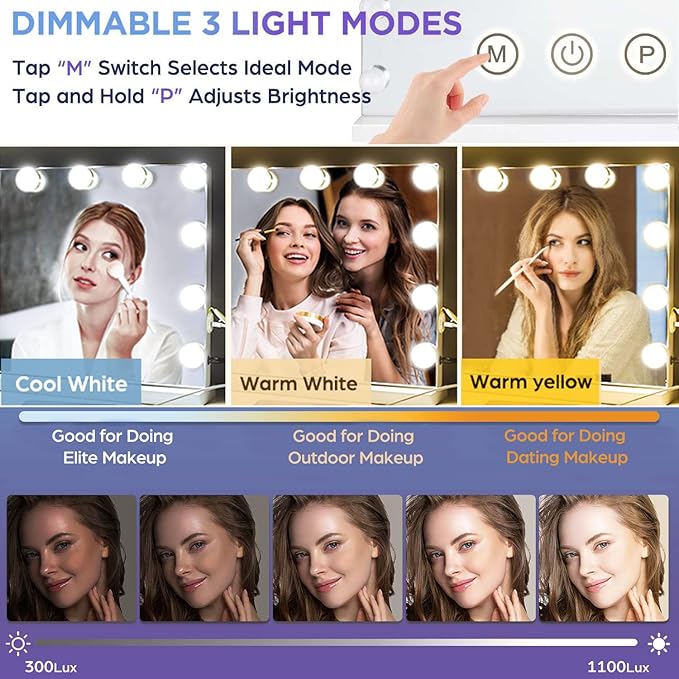 M MIVONDA Vanity Mirror with Lights, Lighted Makeup Hollywood Mirror with Dimmable 3 Color Lights LED Bulbs for Desk and Wall, Mirrors with Plug-in and USB Charger for Bedroom