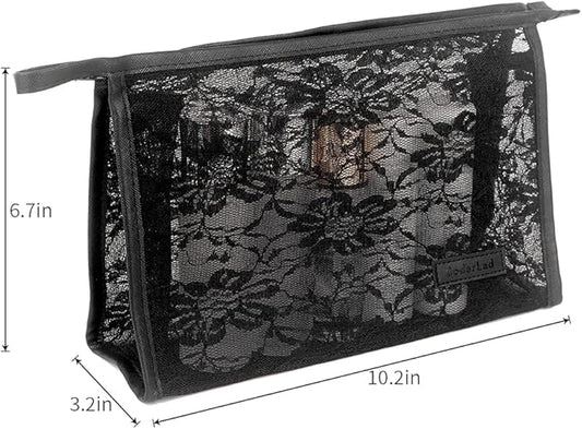 fashion portable cosmetic bag,Visible large capacity Nylon storage bag, for Business Travel bath, Unisex (black 3pcs set) (purpose made Lace Mesh triangular zippered cosmetic bag)