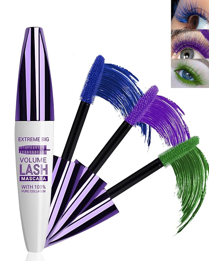 5D Colored Mascara for Eyelashes-3 Colors Blue Purple Green Longlasting Waterproof Mascara Volume and Length,Curling Fiber rimel de pestañas,Women's Day Cosplay Eye Makeup Gift for Women Girl