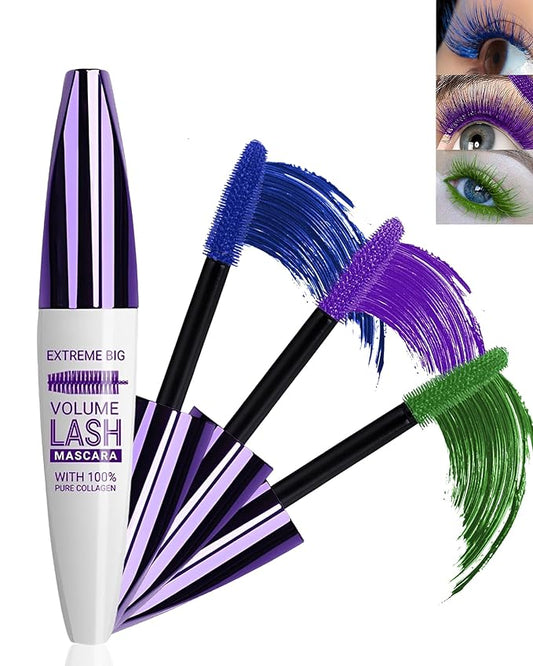 5D Colored Mascara for Eyelashes-3 Colors Blue Purple Green Longlasting Waterproof Mascara Volume and Length,Curling Fiber rimel de pestañas,Women's Day Cosplay Eye Makeup Gift for Women Girl