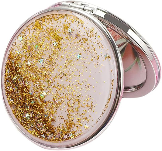 AKOAK 1 Pack Compact Mirror, Portable Quicksand Pocket Travel Makeup Mirror, Folding Hand-held Double Sided 1x/2x Magnifying Glass, Great Gift for Women and Girls (Glod)