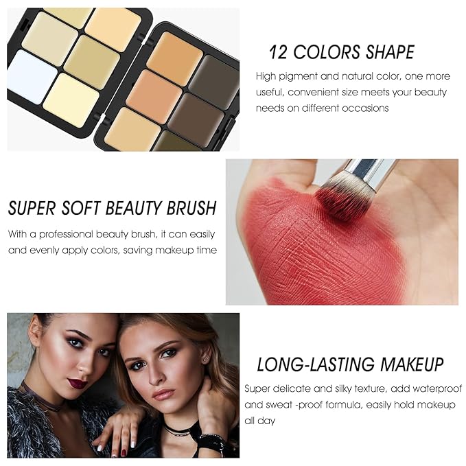 12 Colors Cream [Contour Concealer Foundation] Makeup Palette for Cheeks - All in One Makeup Palette Kit with Brush, Natural Matte Long Wearing, Waterproof Blendable Face Make Up Pallete (#03)