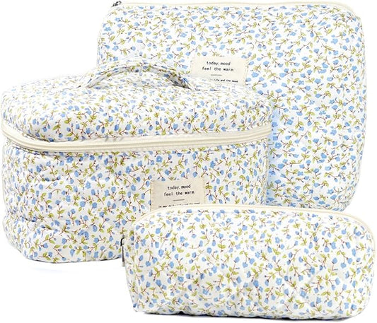 3PCS Makeup Bag Large Cosmetic Pouch Bag with Handle Cute Floral Small Makeup Bag for Purse, Quilted Cotton Skincare Storage Bag Travel Makeup Bag Set for Women, Bridesmaids, Gifts, Fresh Blue