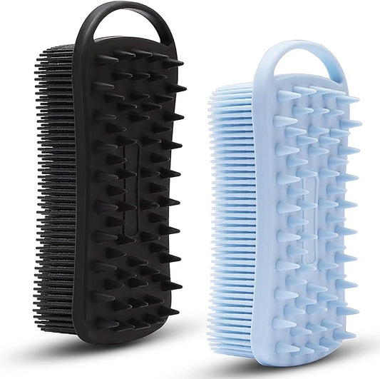 2 PC Silicone Exfoliating Body Scrubber, 2 in 1 Silicone Body Shampoo Brush, Soft Silicone Loofah for Sensitive Skin, Shower Silicone Hair Scalp Massager, Easy to Clean, Lather Well (Blue&Black)