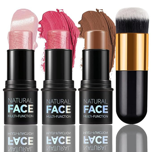 3 Pcs Cream Contour Sticks, Shades with Highlighter Stick, Blush Stick and Bronzer Stick, Contour Stick Eyeshadow Stick Face Contouring Pen Makeup with Contour Brush, Waterproof