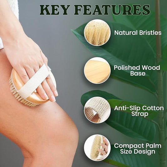 Large Dry Brushing Body Brush - Natural Boar Bristle Brush for Lymphatic Drainage, Cellulite, Blood Circulation - Eco-Friendly Skin Massage Nodes for Detox, Flawless Skin, Exfoliating Body Scrubber