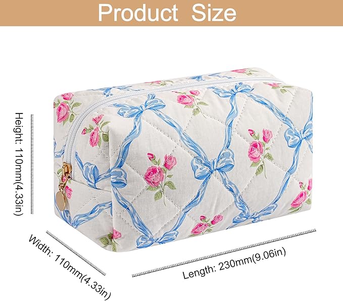 Cute Floral Cotton Makeup Bag, Quilted Makeup Bag for Women Girls, Travel Floral Cosmetic Bag Zipper Make Up Pouch, Flowers Toiletry Organizer Bag (Big Blue Bowknot)