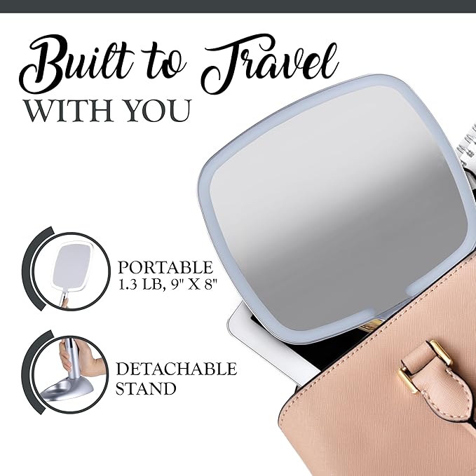 MIRRORVANA Lighted Travel Makeup Mirror - 2 in 1 Hand Mirror & Table Mirror with 3 Lighting Modes, Detachable Stand and Comfy Handle - 9" x 13" (Shiny Silver)