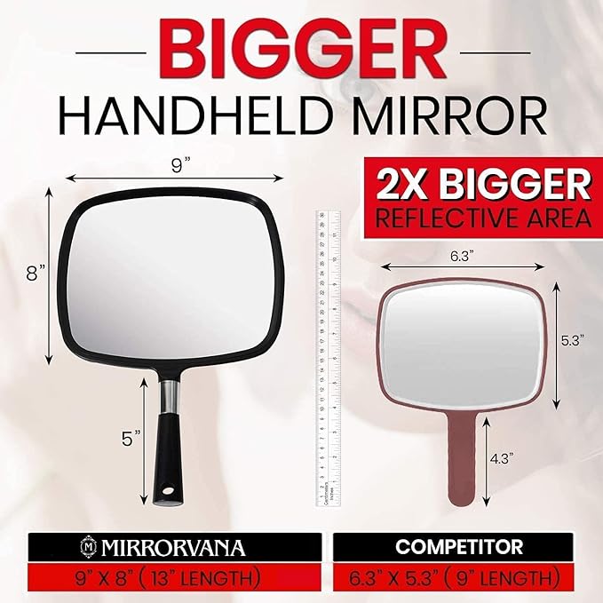 MIRRORVANA Large Hand Mirror with Comfy Handle - Black Portable Handheld Mirror - 9" x 13"