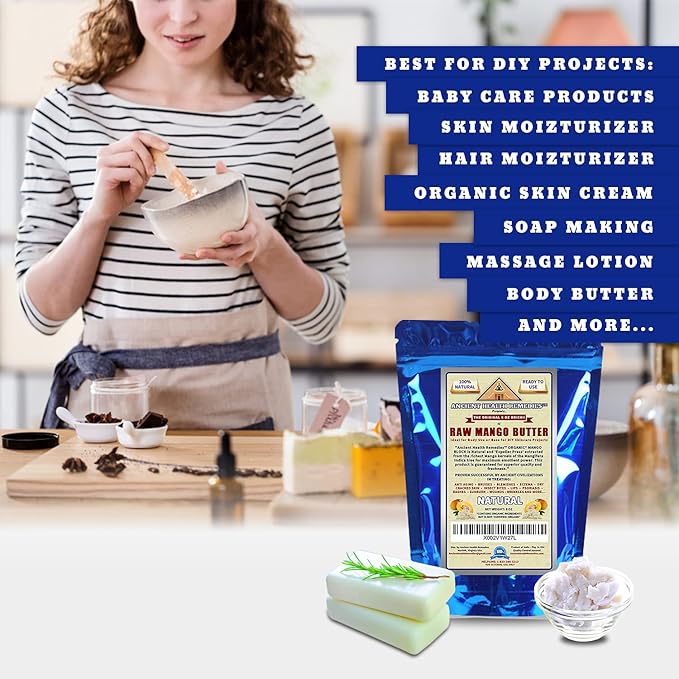 ANCIENT HEALTH REMEDIES Organic Unrefined Raw MANGO BUTTER JAR/BLOCKS Bulk, Light Mango Aroma, Non-Greasy Base for Beauty, Skin Moisturizing, DIY Base for Body Butter & Hand Creams (8OZ)