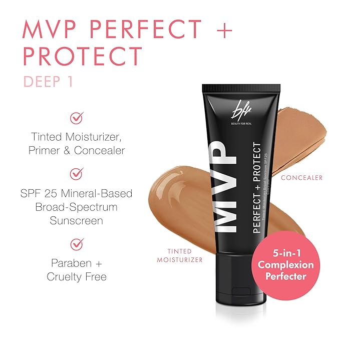 Beauty For Real MVP Tinted Moisturizer & Concealer, Deep 1 - Also Acts as a Primer, SPF 25 Sunscreen & Complexion Perfector - Anti-Aging Hydration & Coverage - 1.5 fl oz