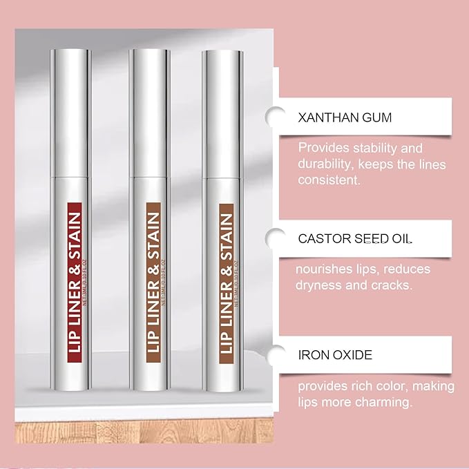 3Pcs Lip Liner, Matte Liquid Lipstick Nude Lip Gloss Waterproof Lip Tint Stain Non-stick Cup Peel Off Lipstick Lip Makeup for Women (Coffee & Cocoa & Rose)