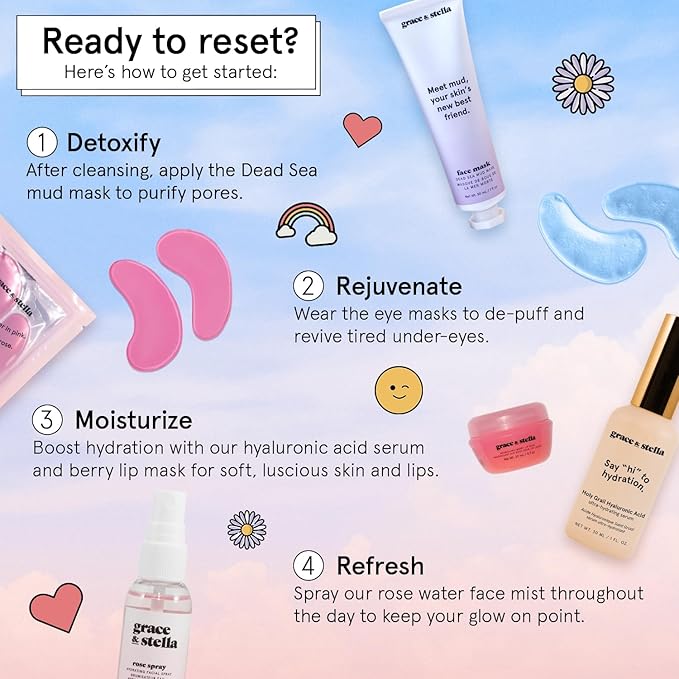 grace & stella Award Winning Skin Care Set - Stocking Stuffers for Girls, Birthday Gifts for Her, Travel Size Toiletries with Eye Masks, Hyaluronic Acid Serum, Lip Balm & More, Gift Baskets for Women