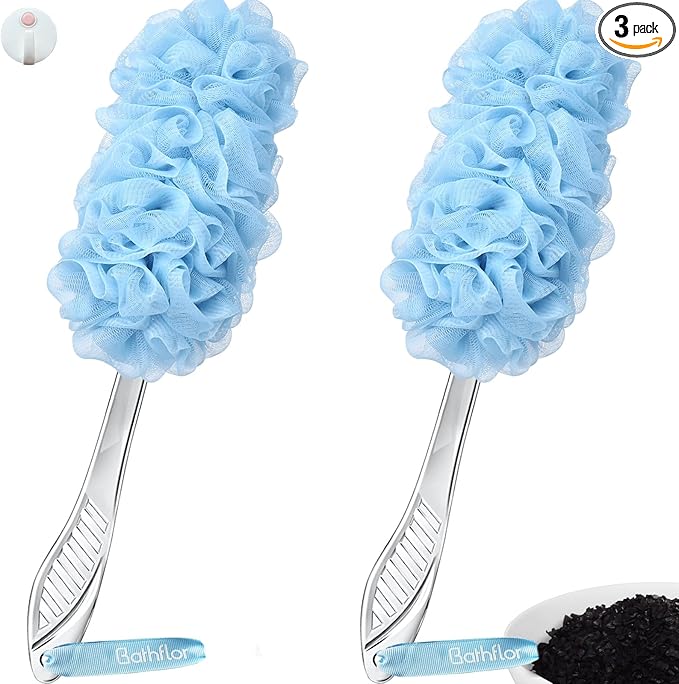 (2+1) Pack Back Scrubber for Shower，Loofah with Handle: 2PCS Long Handle Loofa Back Scrubber, 1PCS Luffa Hook, Charcoal Loofah Pack for Women Men Bath Wash, Blue