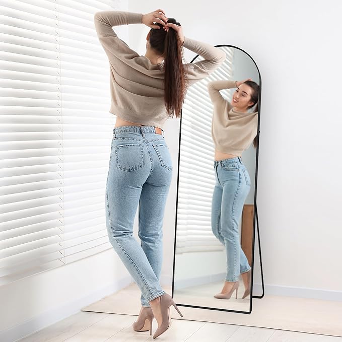 Americanflat 18x58 Arched Mirror with Stand- Large Hanging Mirrors with Aluminum Frame - Modern Mirror for Bathroom, Bedroom, Living Room - Mirrors for Wall Display and Home Decor - Black