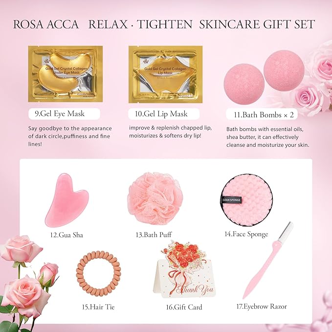 Rose 23 Pcs Facial Skin Care Set, Luxury Bath and Body Gifts for Women, Spa & Self-Care Gifts, Sheet Mask, Eye Mask, Gua Sha, Cream, Face Oil, Birthday, Christmas, Valentines, Mother Day, Girlfriend