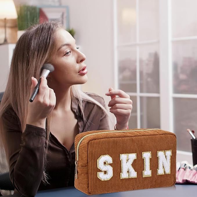 4 Pcs Preppy Patch Makeup Bag Corduroy Cosmetic Bag Makeup Accessories Skincare Pouch Chenille Letter Portable Zipper Face Pouch Cute Toiletry for Women Travel(Dark Color)