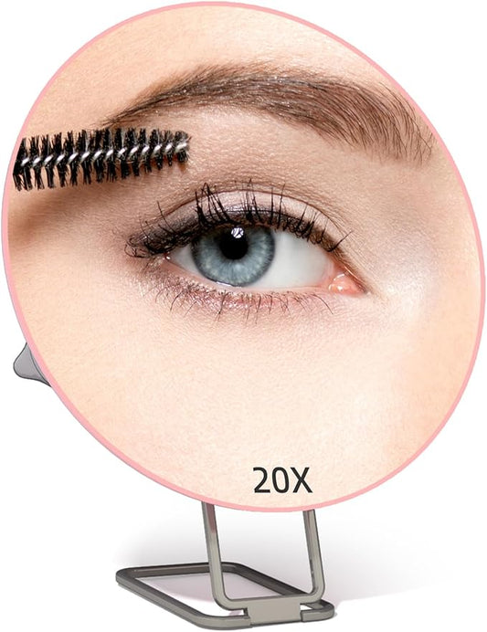 Travel Magnifying Mirror 20x Large 6” Diameter Makeup Mirror with Magnification 20x, Portable Handheld Close Up Magnified Mirror with Stand & Suction Cups, Perfect for Makeup, Shaving, Deep Cleaning