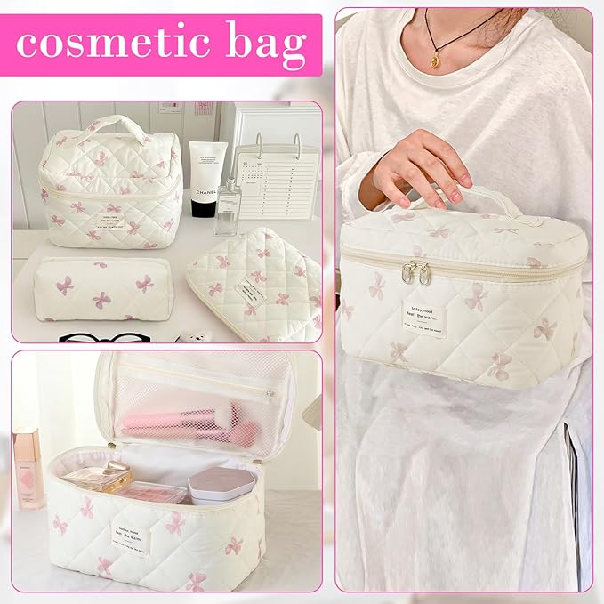4 Piece Cute Pink Bow Quilted Makeup Bag Set, Large Capacity Travel Makeup Bags for Women and Girls, Includes Small, Small-Medium，Medium, and Large aesthetic makeup&Cosmetic Bags (4PCS-Pink Bow)