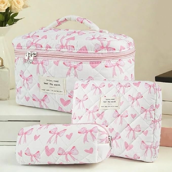 3 Pcs Quilted Makeup Bag Set,Coquette Bow Make Up Bag,Cute Floral Makeup Bags Large Toiletry Cosmetic Bag Organizer for Women Girls (M-3PCS)