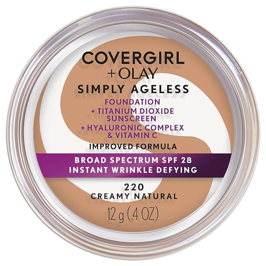 COVERGIRL & Olay Simply Ageless Instant Wrinkle-Defying Foundation, Creamy Natural 0.44 Fl Oz (Pack of 1) & Simply Ageless Instant Wrinkle Blurring Pressed Powder, Buff Beige, 0.39 Oz.