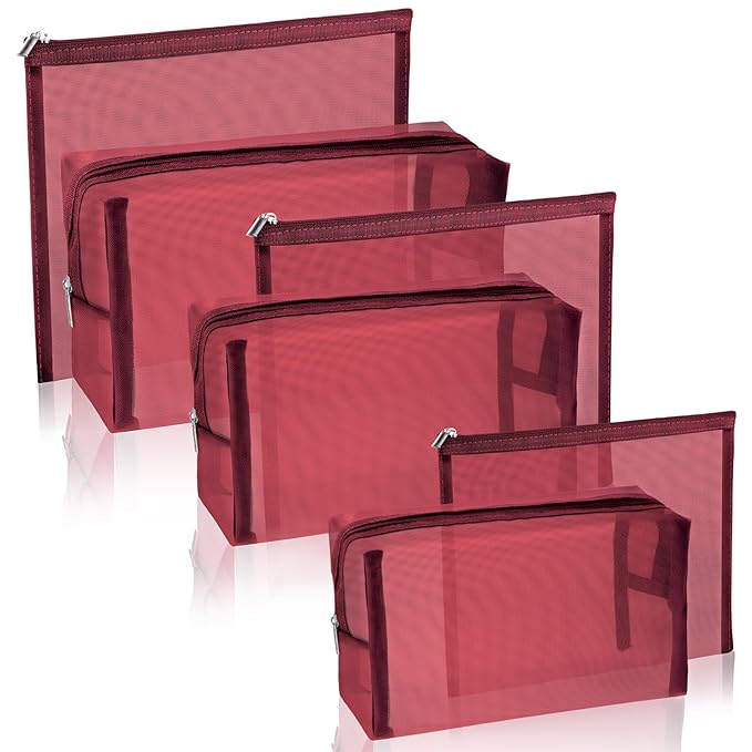 6 Pieces Mesh Makeup Bags Mesh Cosmetic Bag Portable Travel Organizing Zipper Pouch Toiletries Makeup Pouches for Home Office Travel Accessories (Wine Red)