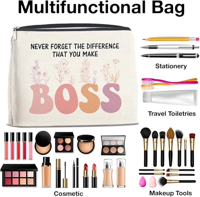 Makeup Bag - Thank You Gifts for Boss Lady, Appreciation Gift for Female Boss - Never Forget the Difference She Makes - Cosmetic Bag with Zipper Makeup Pouch