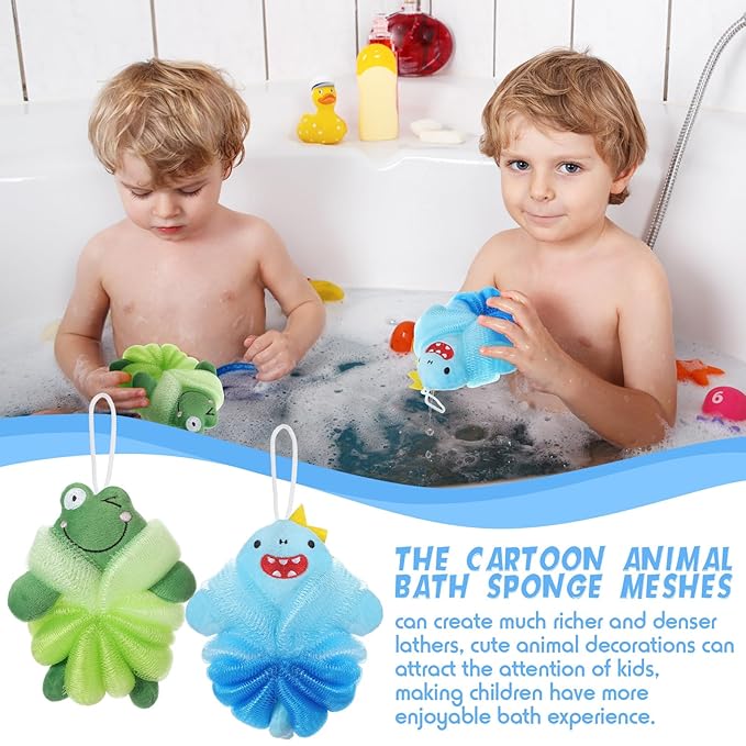 Nuenen 2 Pcs Bath Loofahs Kids Toddler Cute Cartoon Bath Sponges Loofah Pouf Body Scrubber Mesh Sponges for Children Shower Washing Exfoliating(Shark, Frog)