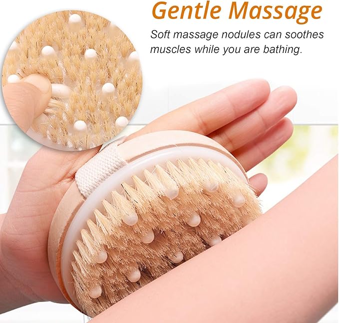 Scrub - Premium Dry Brushing Body Brush, Best for Exfoliating, Lymphatic Drainage and Cellulite Treatment, Organic Spa Massage Scrub Brush with Soft Boar Bristles, Great Gift for A Glowing Skin