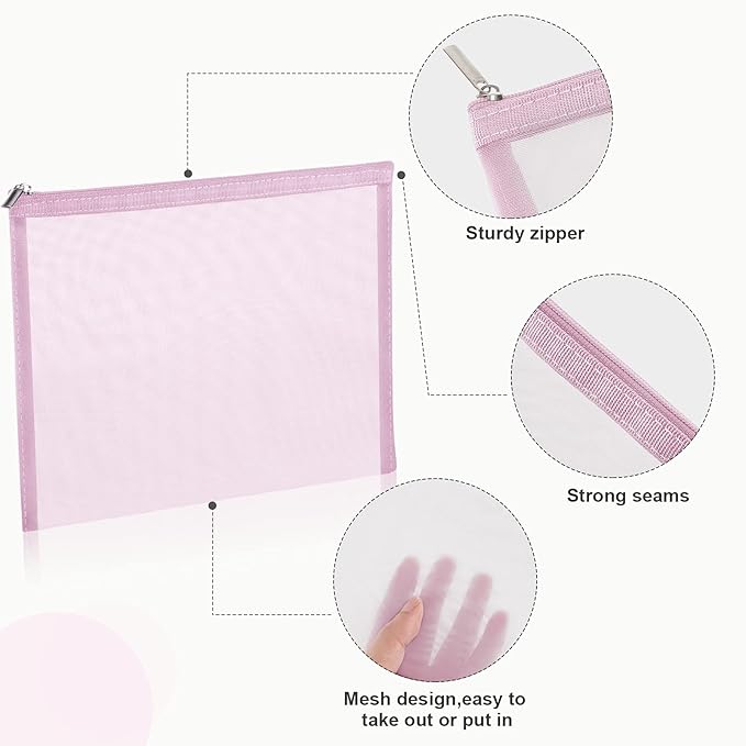 6 Pieces Mesh Makeup Bags Mesh Cosmetic Bag Portable Travel Organizing Zipper Pouch Toiletries Makeup Pouches for Home Office Travel Accessories (Light Pink)