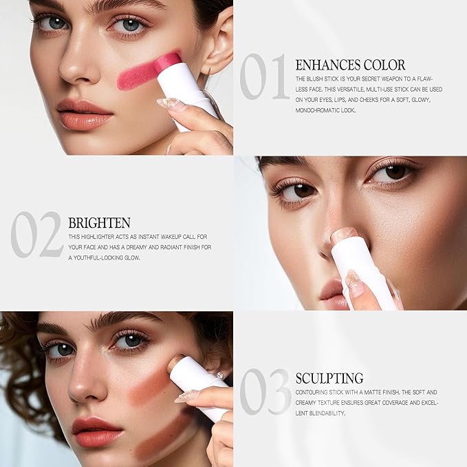 3 PCS Makeup Cream Contour Stick Set, Highlighter Stick & Bronzer Stick & Blush Stick, Long Lasting, Natural Face Contour, Dewy & Matte Finish, Multi Stick Trio for All Skin