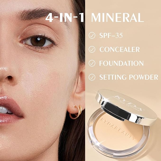 KYDA Mineral Powder, 4-in-1 Pressed Mineral Powder Foundation, SPF 35, Matte Pressed Foundation with Concealer and Setting Makeup, Lightweight Flawless Coverage, PORCELAIN