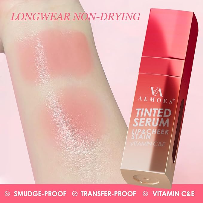 ALMOES Lips Stain,Rose Lips Tint Stain,Long-lasting Liquid Blush for High-Pigment Colour,Creates a Soft & Nourishing & Lustrous,Long-Lasting Wear,Dewy Finish, Moisturising Refreshing Tinted Serum