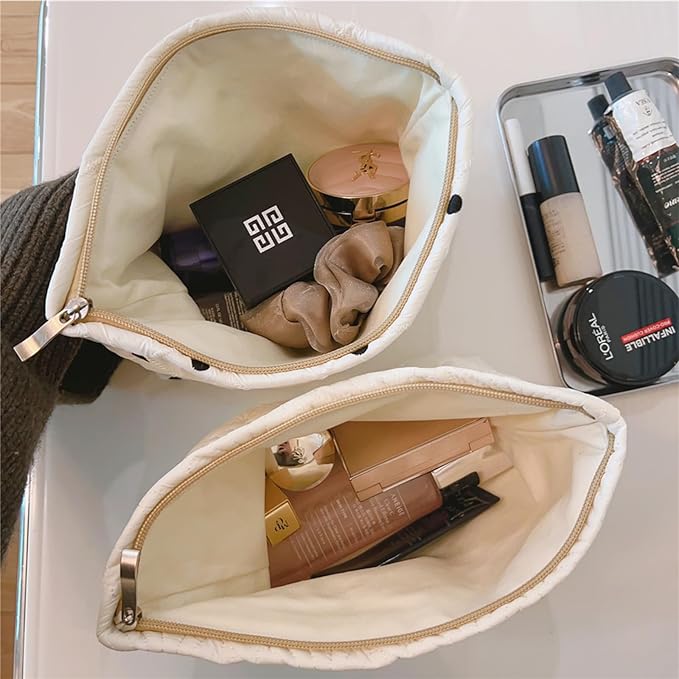 1PCS Quilted Cotton Makeup Bag Portable Travel Bag Cosmetic Bag Aesthetic Shell Toiletry Organizer Case Pouch Bag For Women Girls Pure White Color