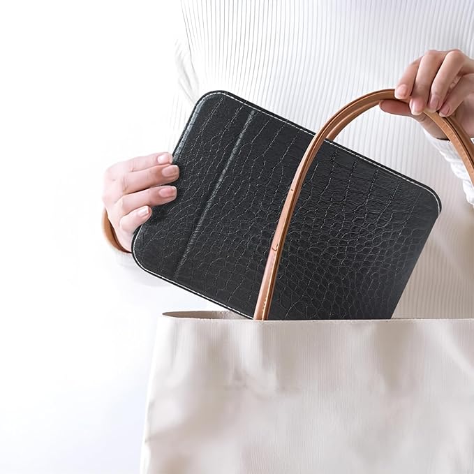 Black Foldable Desk Mirror, 6.5×8.9” Adjustable Angle Rounded Rectangle PU Edge Covering Travel Mirror with Stand (LBlack)