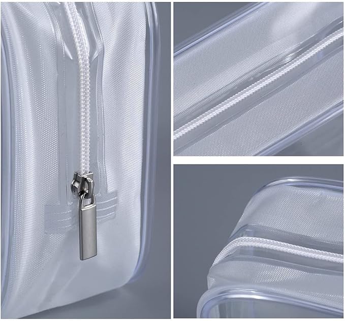 3 Pack Clear Plastic Zippered Toiletry Carry Pouch TSA Approved Toiletry Bag Portable Cosmetic Makeup Bag for Vacation, Bathroom and Organizing (White 3Pcs, Small/Large)