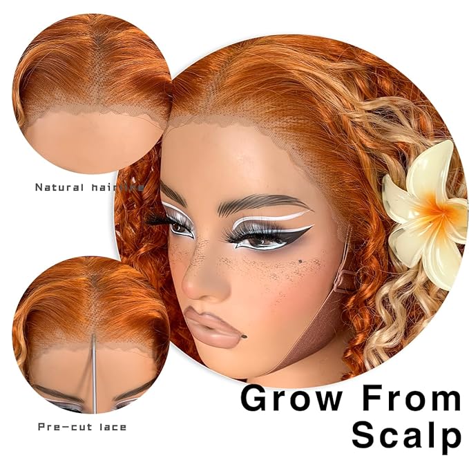 Ginger Curly Wig Skunk Strip HD Lace Front Wig Pre-Plucked Wear And Go Glueless Afro Wig Synthetic Orange Kinky Curly Layered Wig