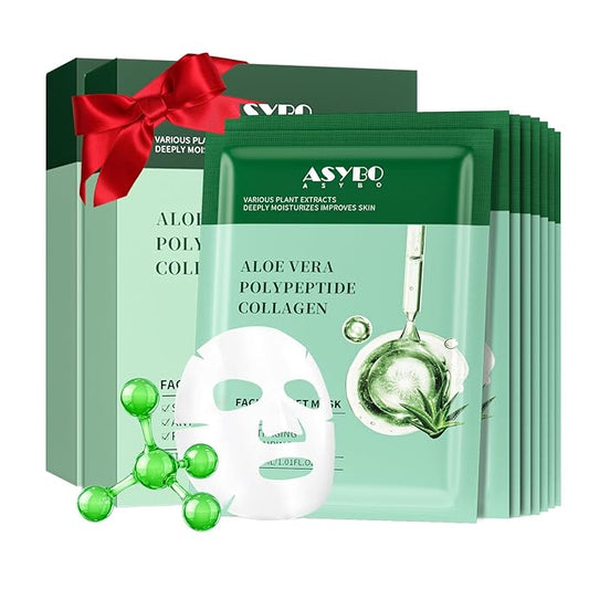 Pack of 20 Collagen Face Mask, Aloe Vera Polypeptide Collagen Facial Masks Skincare, Moisturizing Facial Sheet Mask for Acne, After Sun, Claming, Anti-Aging and Anti-Wrinkle