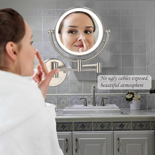 Brass Wall Mounted Lighted Makeup Mirror with Magnification, 5X Wall Magnifying Mirror with Light, Extendable Mirror for Bathroom, Touch Sensor, Brushed Nickel