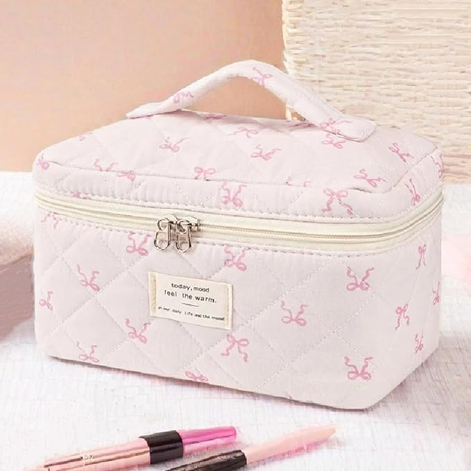 3 Pcs Quilted Makeup Bag Set,Coquette Bow Make up Bag,Cute Floral Makeup Bags Large Travel Toiletry Cosmetic Bag Organizer for Women Girls (I-3PCS)