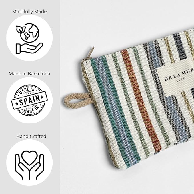 Medium Boho Striped Travel Size Toiletries Makeup Pouch – Travel Cosmetic Bag, Toiletry Organizer & Coin Purse for Women, Perfect Gifts for Her, Boho Makeup Bag, Made in Barcelona